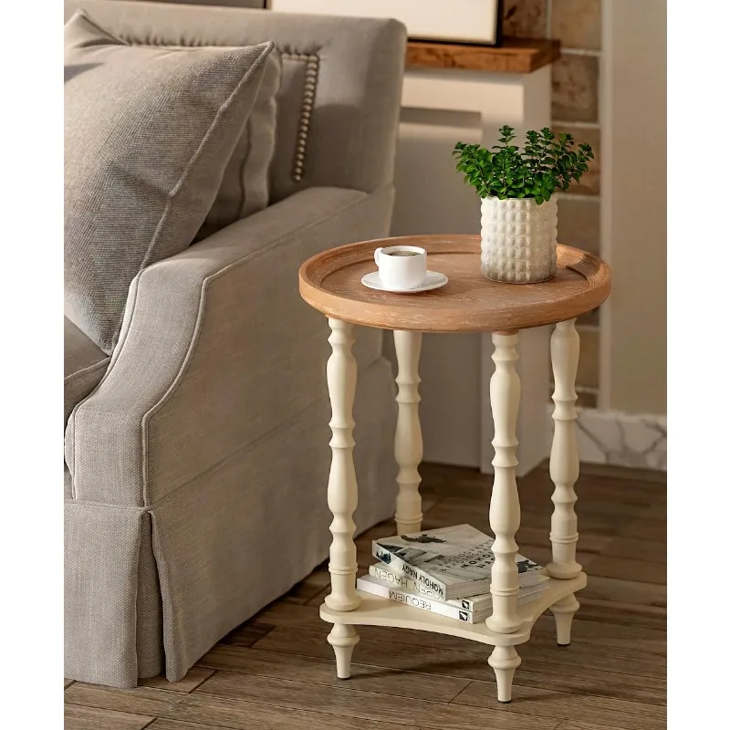 

French Country End Table, 19'' Round Farmhouse Side Table, Distressed Wood Tray Top Rustic Accent Table for Living Room Bedroom