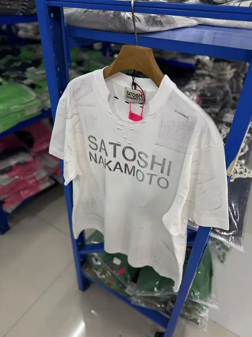 High Quality Destroyed Distressed Washed T-shirt SATOSHI Letter Print Oversized Cotton Short Sleeve Unisex Streetwear Casual Tee