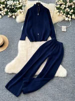 SINGREINY Women Thick Sweater Suits 2024 Zipper Design Loose Pullovers+Elastic Wide Legs Fashion Warm Knitted Two Pieces Sets - Image 6