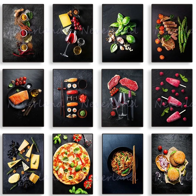 Lachs, Rindersteak, Hähnchen, Sushi, Croissant Lebensmittel-Poster Leinwanddrucke Wandkunst Bilder für Küche Restaurant Wanddekoration