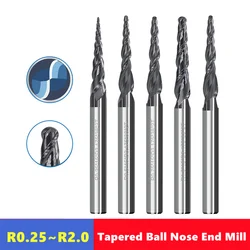 2 Flute Tapered Ball Nose End Mill HRC55 Carbide CNC Carving Bit Engraving Router Bit R0.25-R2.0 Wood Metal Endmill