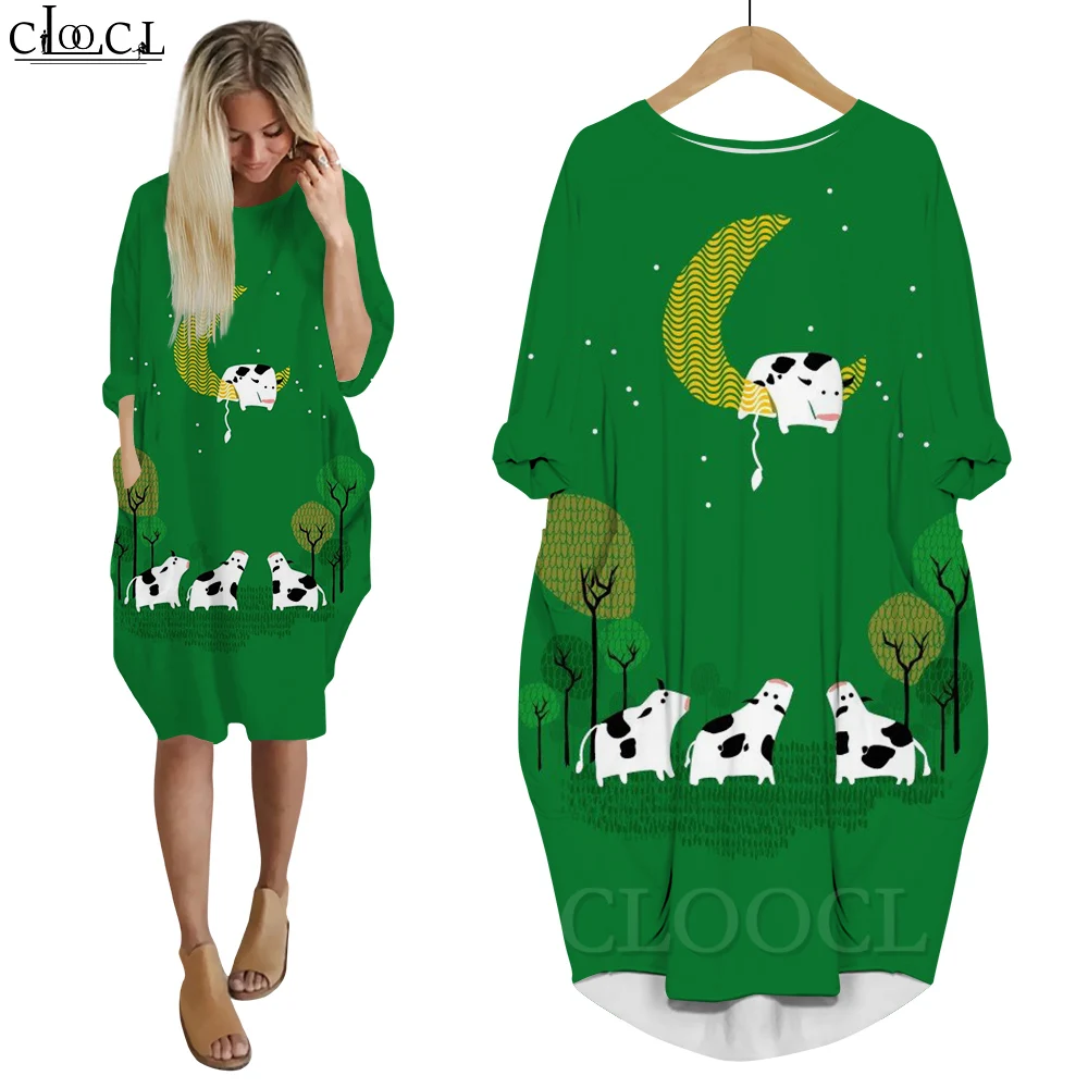 CLOOCL Abito oversize a maniche lunghe Tasca portatile Femme Robe Cat In The Flowers Stampa O-Collo Vestido Abito in poliestere