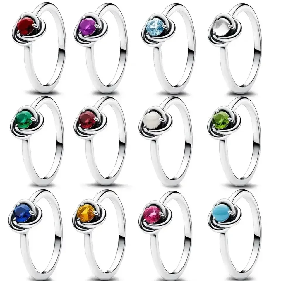 100% 925 Sterling Silver Finger Ring 12 Month Birthstone Eternity Circle CZ Rings For Women DIY Fine Jewelry Birthday Gift