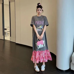 Summer New Plus Size Printing Patchwork T Shirt Dress Short Sleeve Contrast Loose Korean Midi Dress Casual Fashion Women Clothes