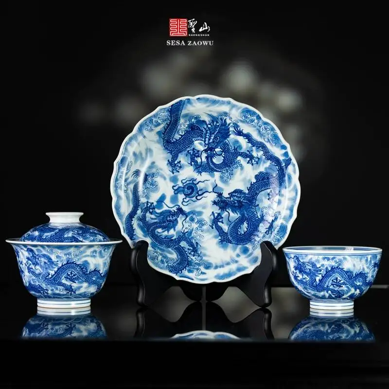 Blue And White Five Dragons Playing With A Pearl Cover Bowl Set