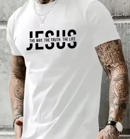 T-shirt d'été décontracté à col rond en pur coton pour hommes, imprimé « Voie de Jésus, Vérité et Vie », haut en pur coton pour l'extérieur