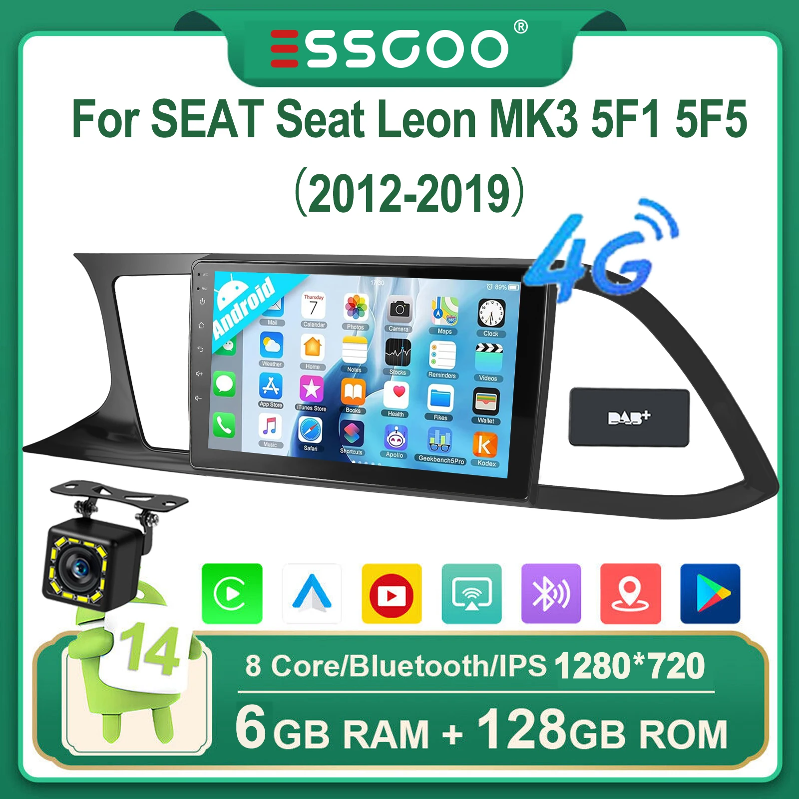 ESSGOO 6+128G 8-CORE Draadloze Apple Carplay Android Auto Voor SEAT Leon MK3 5F1 5F5 2012-2019 Android 15 9 Inch QLED Touchscreen Autoradio GPS Navigatie 4G WIFI SWC RDS Spiegelkoppeling FM/AM