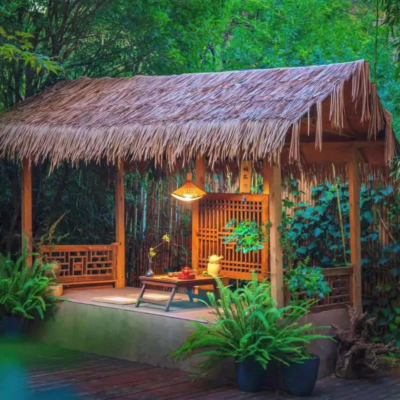 Thatched gazebo Outdoor courtyard Tea room Japanese garden Wooden house terrace