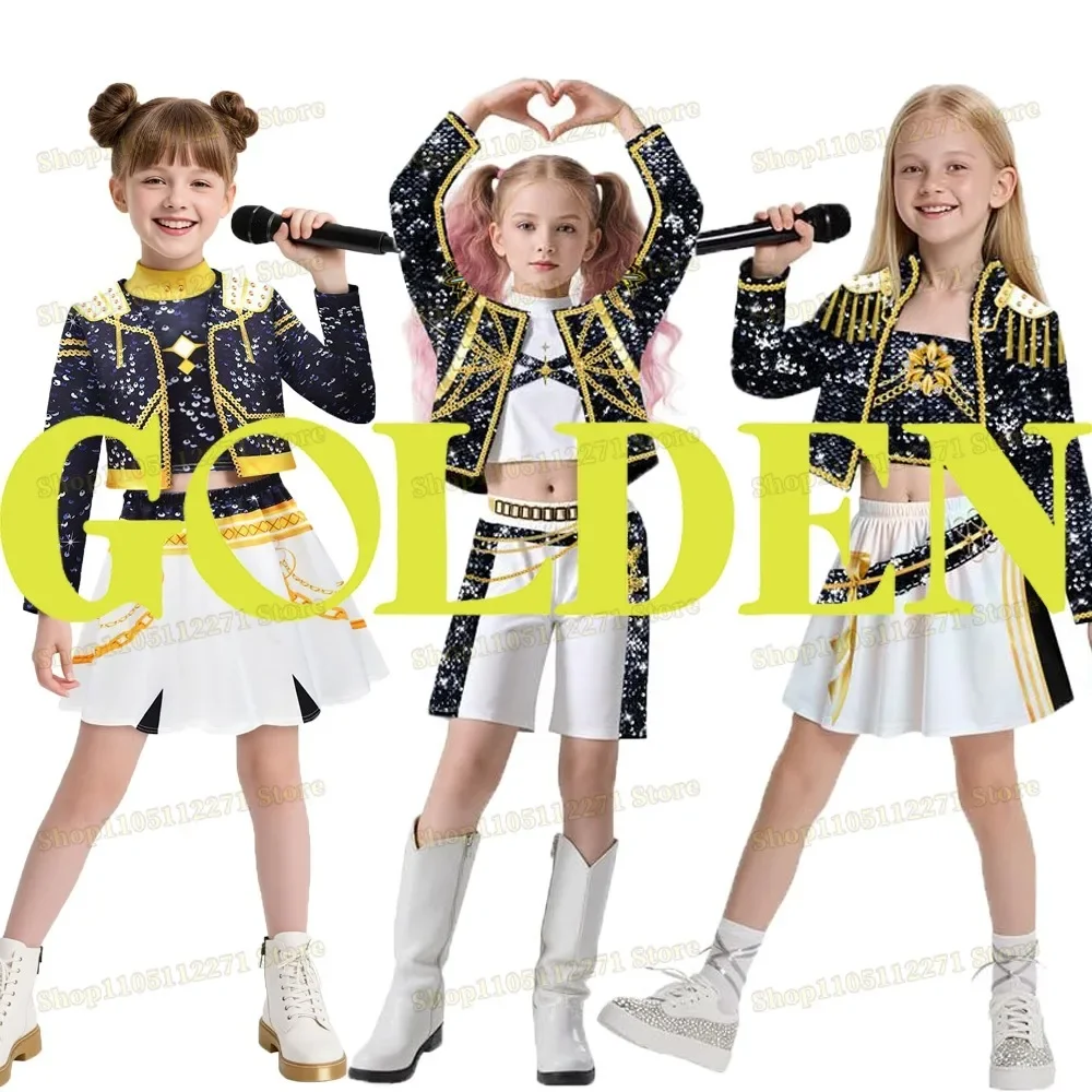 

Girls Kpop Zoey Cosplay Costume Halloween Demon Hunters Rumi Mira Cosplay Tops Skirt Clothes Printed Stage Dress Kids Role Play