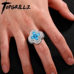 TOPGRILLZ Iced Out Colorful Four Leaf Flower Ring Bling Bling Mirco Paved Cubic zirconia Punk Rings For Men Women Jewelry