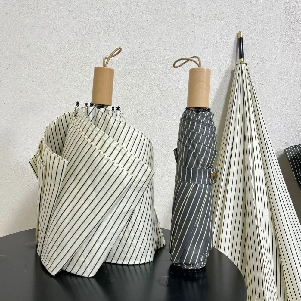 INS Striped Folding Umbrella Windproof Sun Rain Dual-Use Mini Sunshade Umbrella Lightweight UV Protection Hand Operated Parasol