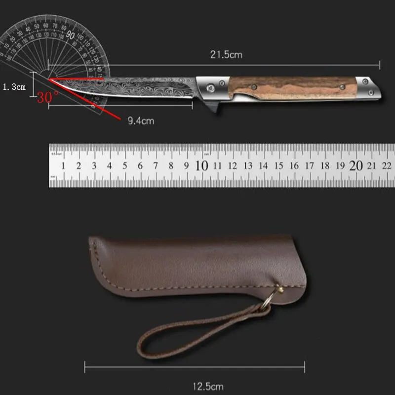 Folding Knife Damascus Pattern Outdoor Pocket Jungle Hunting SelfDefense Camping Survival Sandal Wood Handle Magic Pen Knife