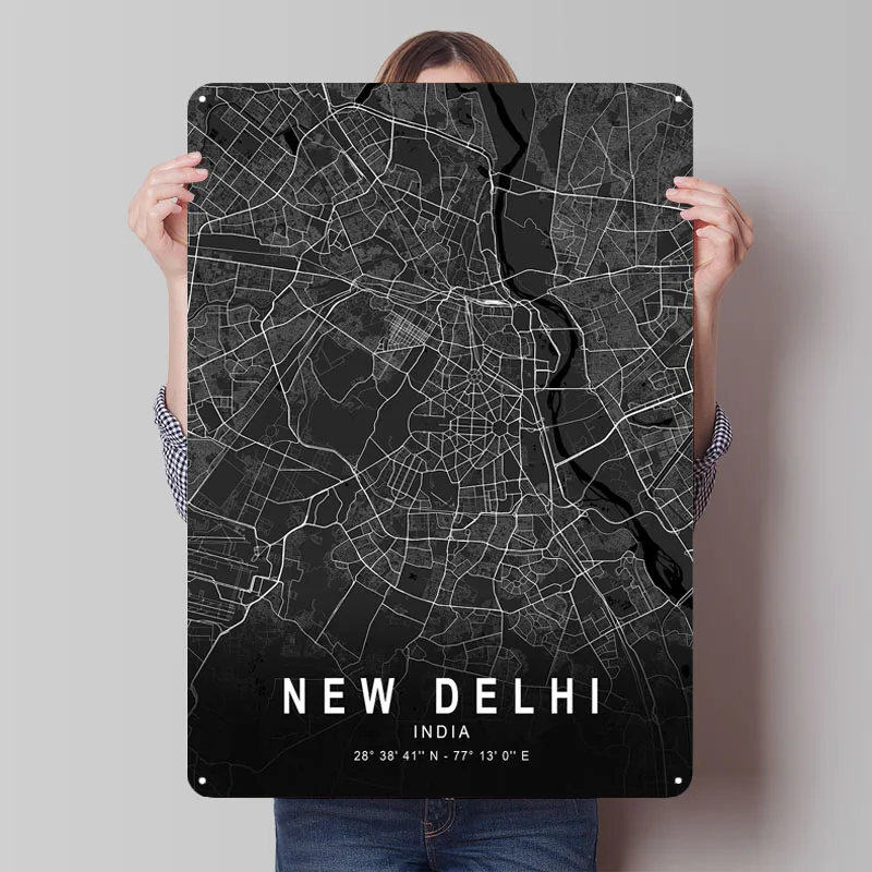 

New Delhi Dark Map, металлический плакат, украшения для комнаты, настраиваемые металлические жестяные вывески для настенного художественного украшения, украшение для дома, роскошный ретро