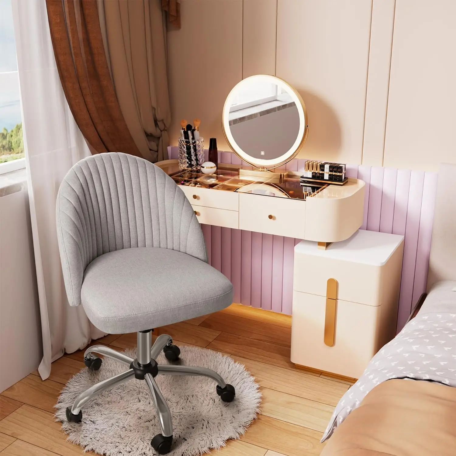 Silla de oficina sin brazos, bonita silla de escritorio, giratoria ajustable, tela acolchada, tocador, silla de ordenador para tareas, escritorio de oficina en casa con ruedas