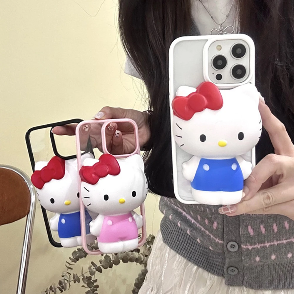 New Cute Cartoon Can Be Pinched Hello Kitty Stereoscopic Phone Case for IPhone 15 14 13 12 11 Pro Max Clear Anti-fall Back Cover