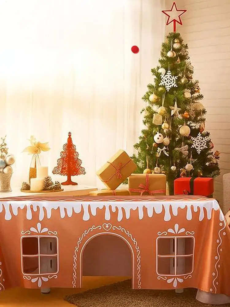 Christmas Tablecloth Rectangle Gingerbread House Reusable Decorations Farmhouse Table Cloth for Picnic Party Harvest Kitchen