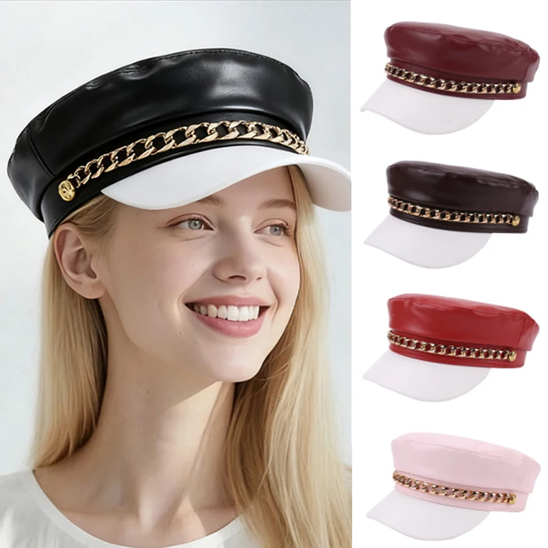 

New Trendy Autumn Winter Metal Chain Decorated Versatile Double Partition Hats Fashionable Retro Leisure Flat Top Women Berets