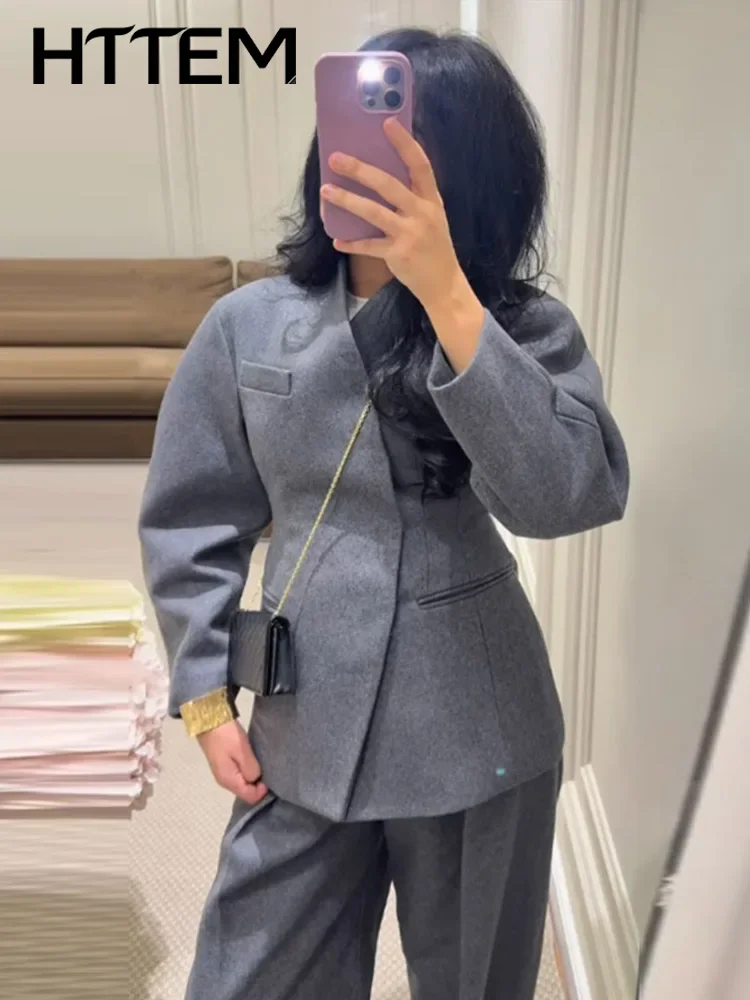 Autumn Solid Woolen Coat Trouser Suit Women Casual Lapel Closed Waist V-Neck Coats Straight Pants Set 2026 Lady New Suit