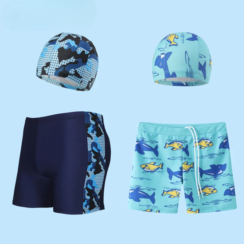 2-piece Set of Summer Children's Swim Trunks Swim Caps Boys' Swimwear Quick Drying Shorts Cartoon Print Beach Swimwear Ages 4-16