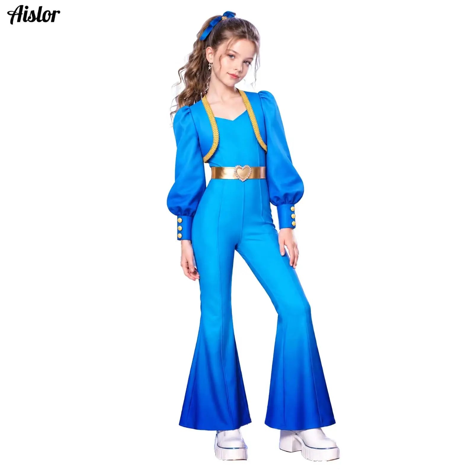 Girls Movie Character Costumes for Halloween Masquerade Gradient Color Sleeveless Bell-bottom Jumpsuit+Long Puff Sleeves Jacket