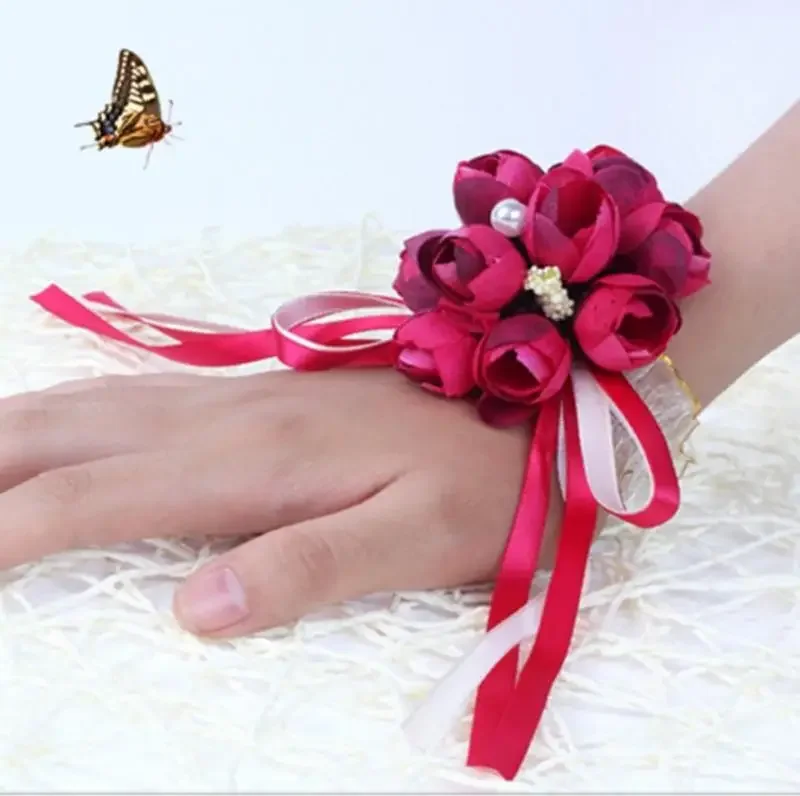 

Artificial Flowers Tiny Rose Buds Wrist Corsage Wedding Decor Party Prom Artificial Flower Bracelets Christmas Party Supplies