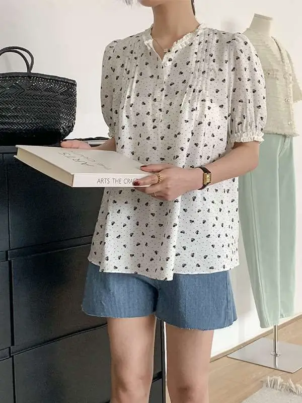 

Women's Summer New Sle Puff Sve Pullover irt Cleanfit Poly Fabric ort Sve Stand Collar Color Blo Design Thin