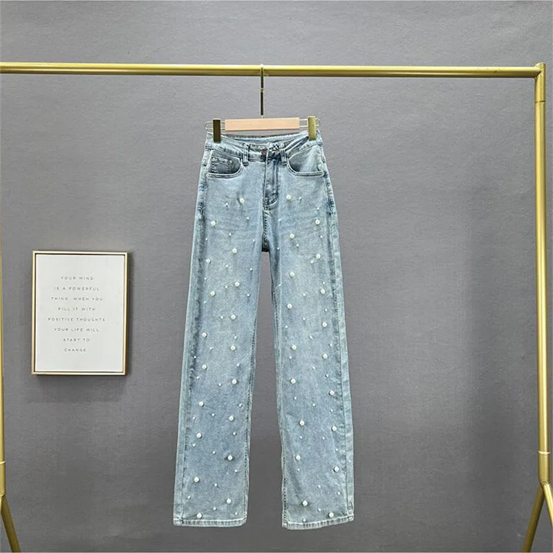 Pantaloni in Denim Jeans con perline alla moda pantaloni a gamba larga marea femminile 2024 nuovi pantaloni larghi a vita alta primaverili ed estivi