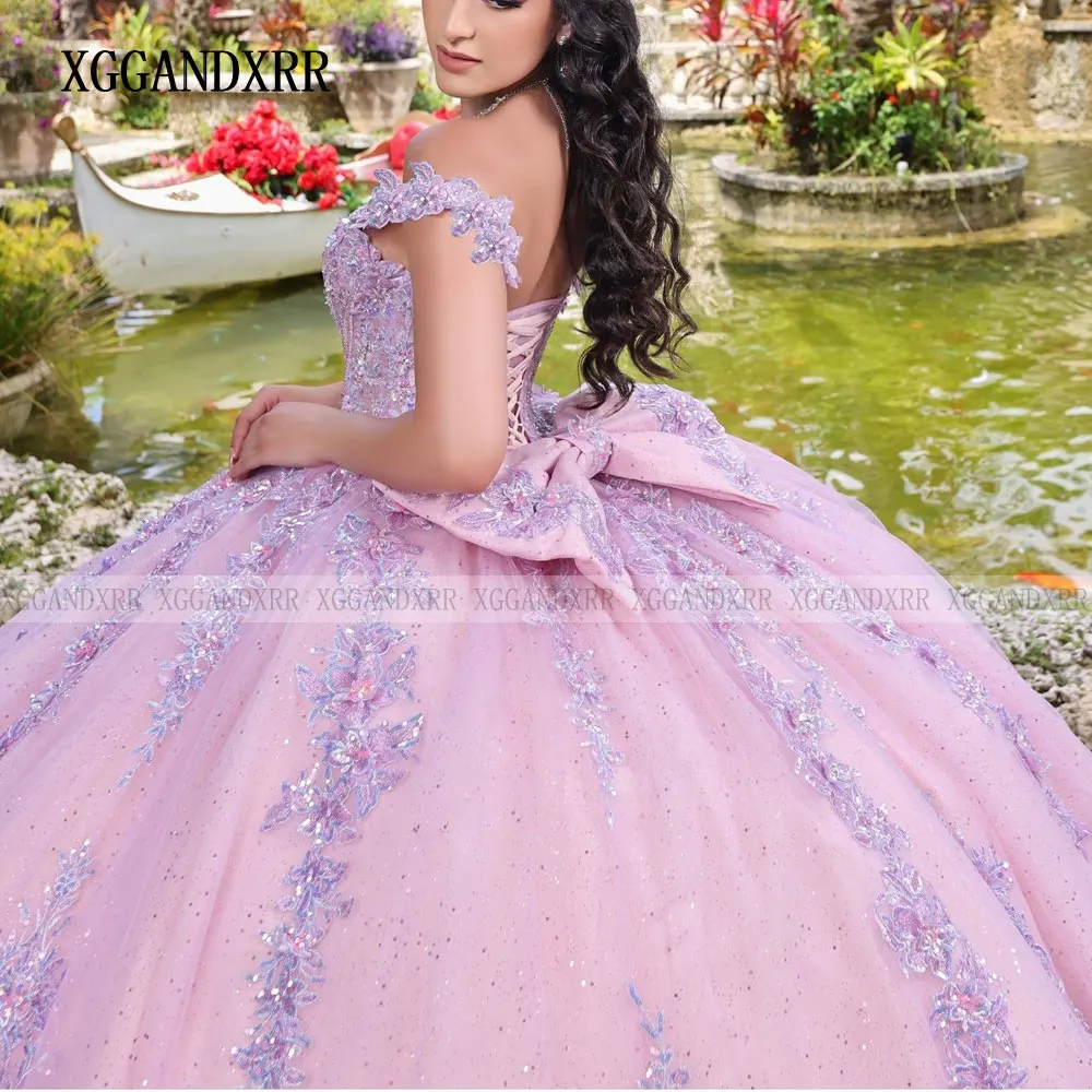 Personalizado rosa quinceanera vestido 2025 brilhante mexicano vestidos de 15 anos renda applique arco vestido de baile princesa doce 16 vestido