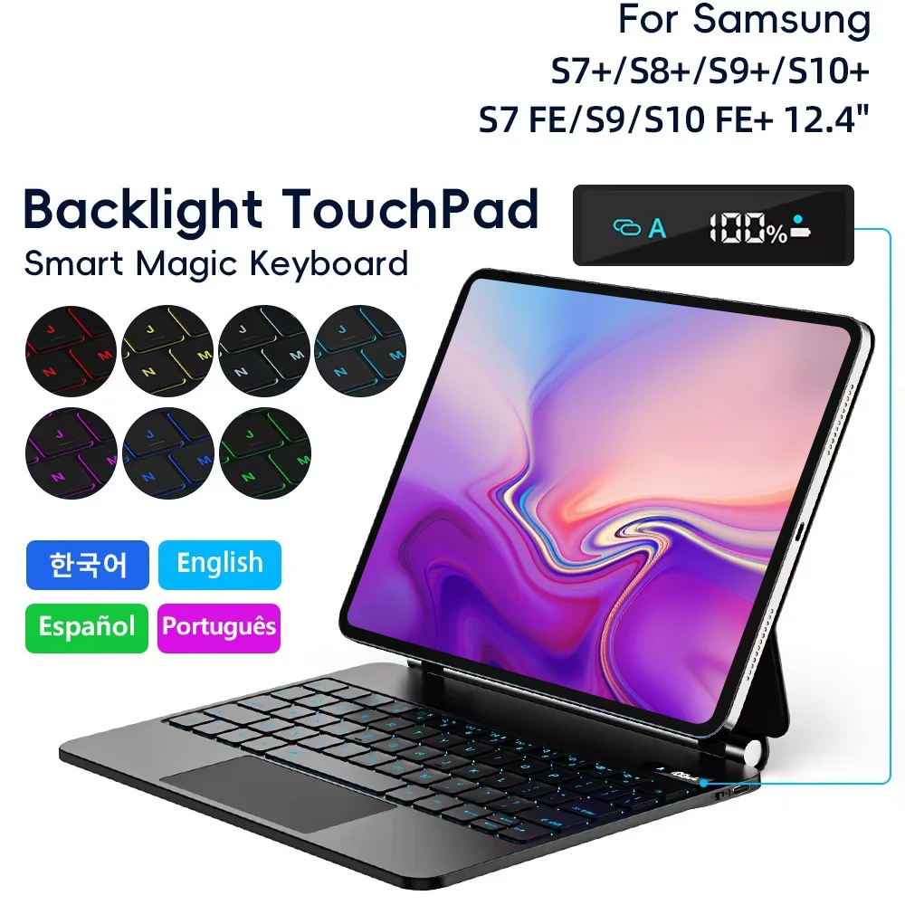 Magic Keyboard Case for Samsung Galaxy Tab S9+/S8+/ S8 Plus/ S7 FE/ S7+ 12.4 inch Multi-Angle Trackpad Backlit Smart Keyboard