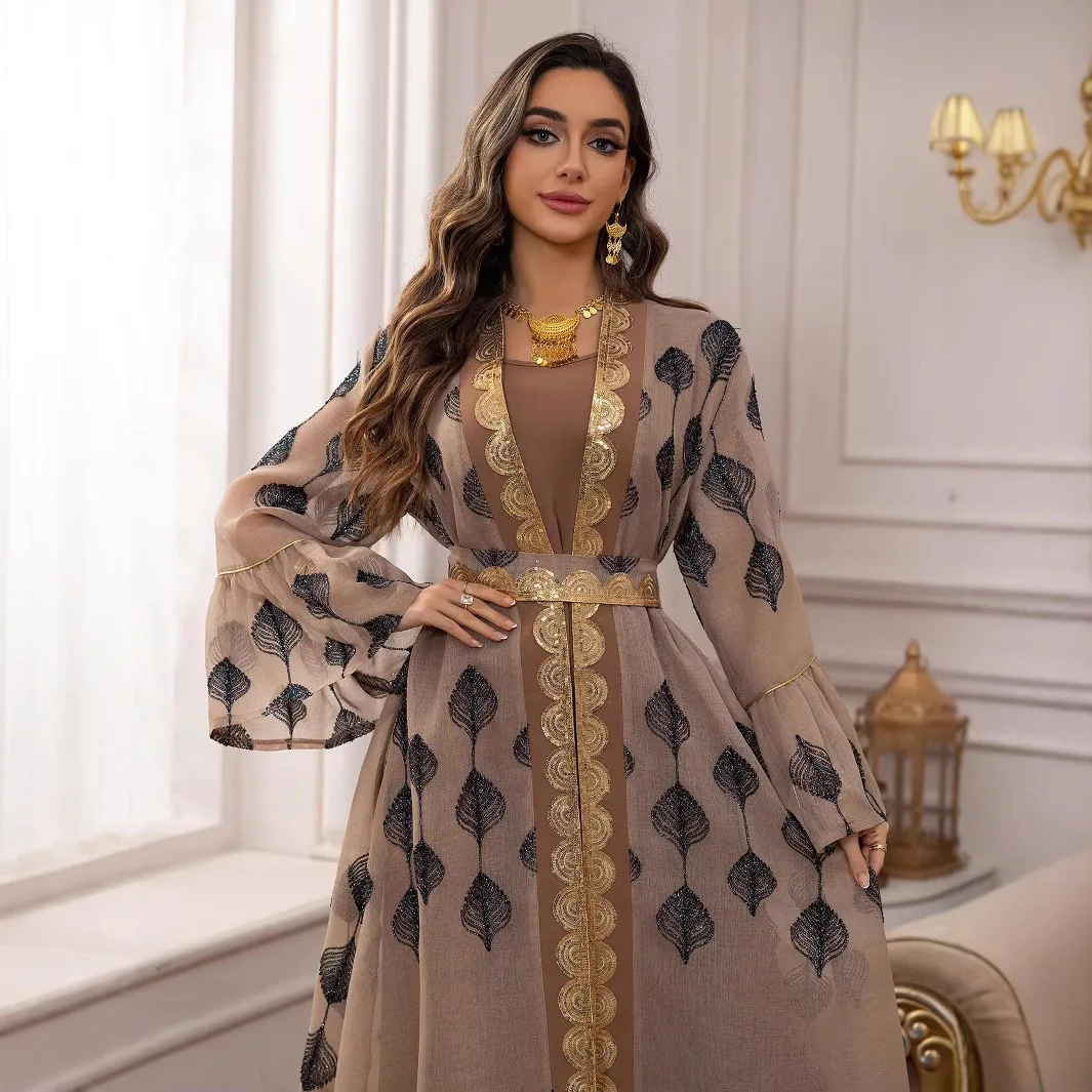 Set Abaya in due pezzi con ricamo a rete trasparente di Dubai, Medio Oriente LD800235