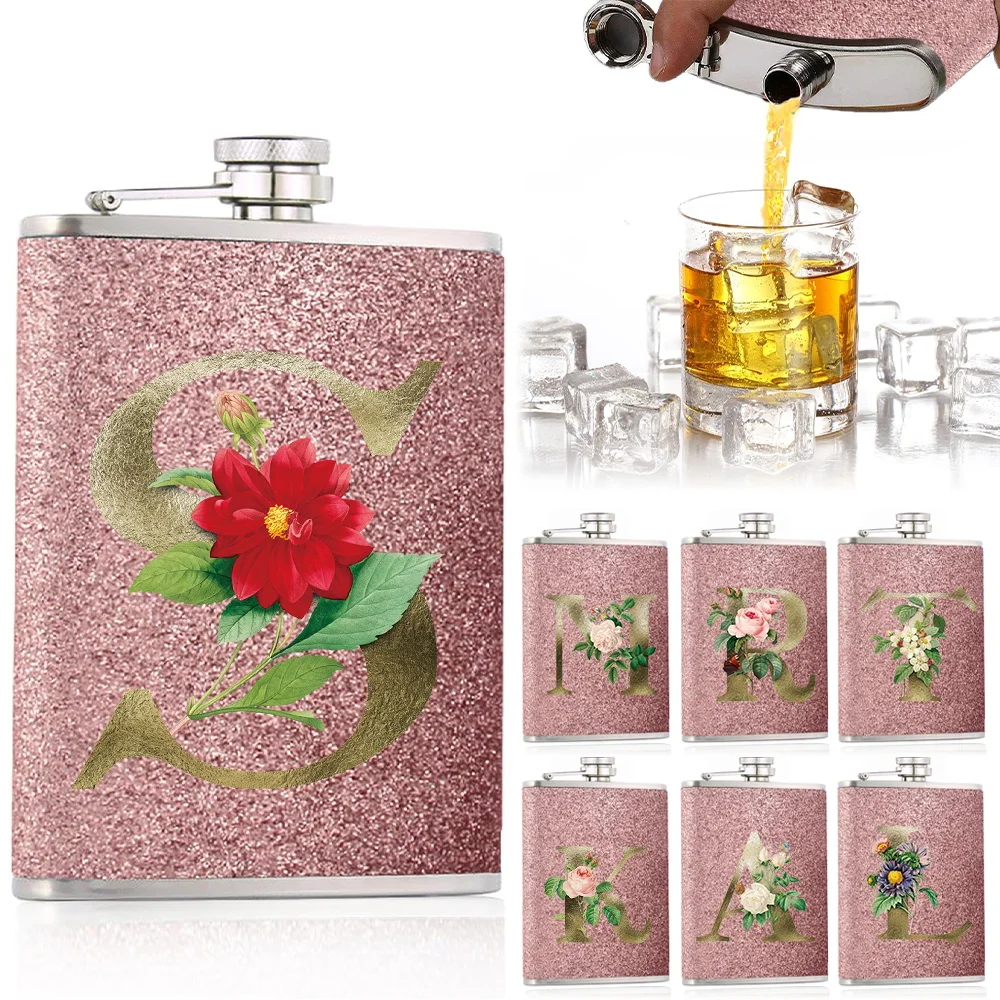 

Wine Pot 8 Oz Flask For Case Liquor Women Stainless Steel Wine Bottle Isometric Threaded Cup Mouth Golden Flower Letter Pattern