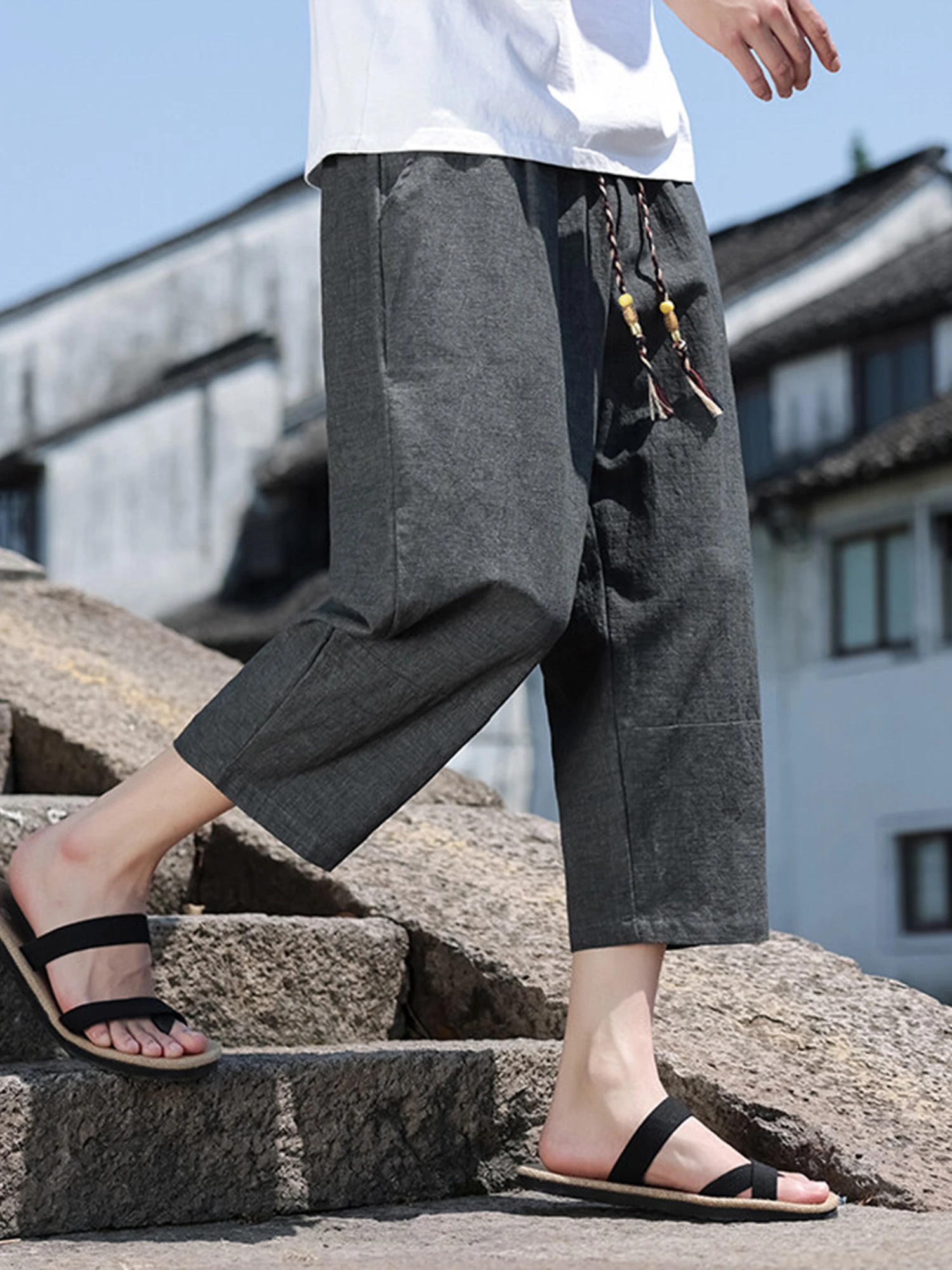 

Новые мужские повседневные брюки свободного прямого кроя 2025 года с ручной вышивкой бисером и шнурком на талии, в китайском стиле, укороченные, летние, дышащие