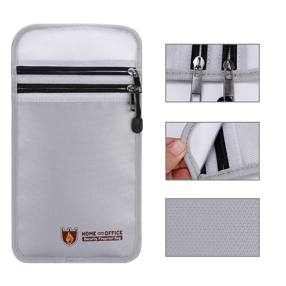 

Document Fireproof File Holder Double Zipper Security Pouch Waterproof Cash Organizer Storage Bag For Office Home School Silver