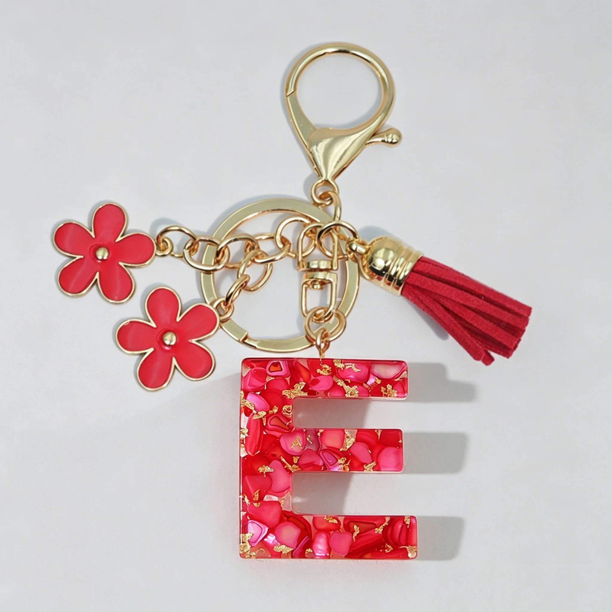 Llavero de moda rojo con 26 letras, llavero con flecos de flores, accesorios para bolsos de mujer, colgantes