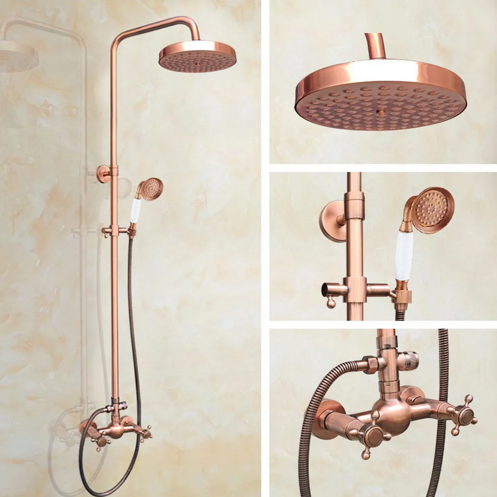 

Red Copper Bathroom Rainfall Shower Faucet Set Mixer Tap With Hand Sprayer Wall Mounted Bath Shower Sets Double Handle Brg525