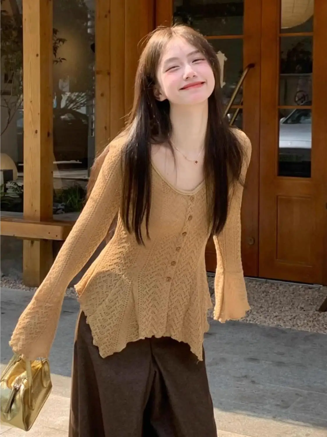 

Women's V-Ne Long Sve Knitted Open Cardigan Spring Autumn 2025 New Irregular Flared Sve Waist Cinched Outer Top