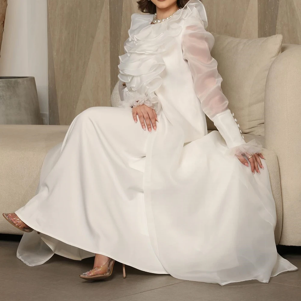 Maßgeschneiderte A-Linie-Abendkleider, bodenlang, O-Ausschnitt, volle Ärmel, Abendkleid, modisches, gerüschtes, einfaches, drapiertes Partykleid mit Knöpfen