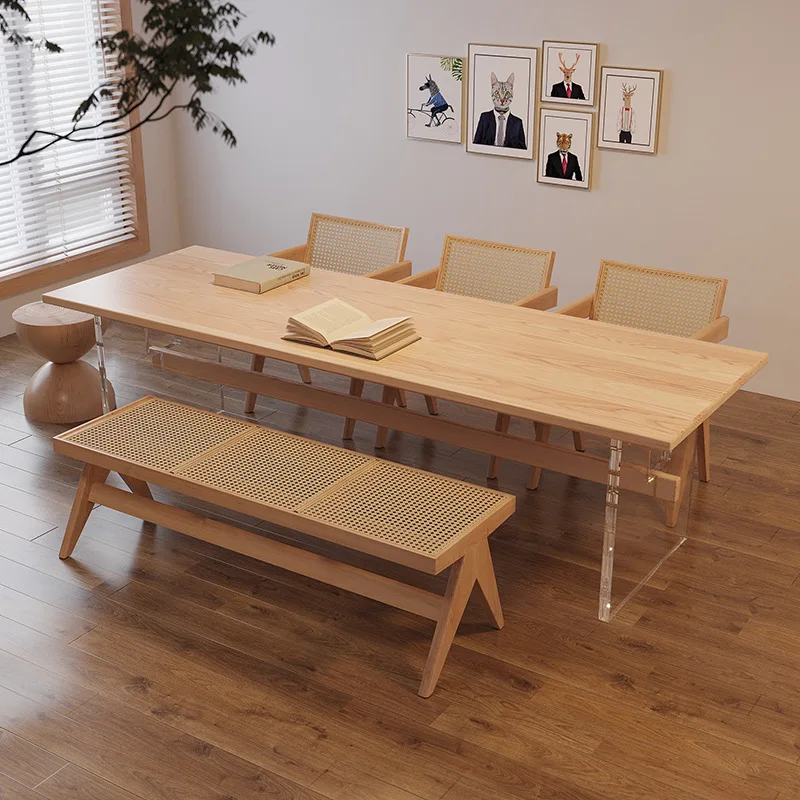 Solid wood dining table Nordic acrylic transparent eating Household living room long Log color simple dining a