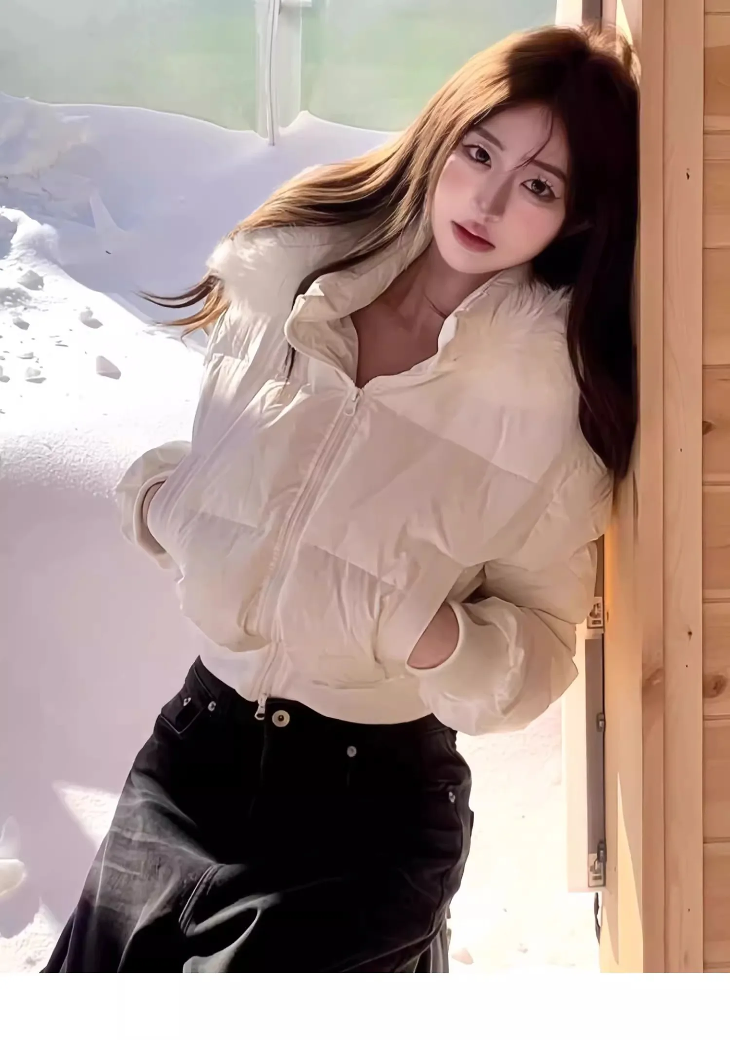 سترة قطنية قصيرة دافئة بياقة فرو كبيرة للنساء في شتاء 2025، مقاس نحيف، حزام الخصر، مزاج التخسيس، جا قطن