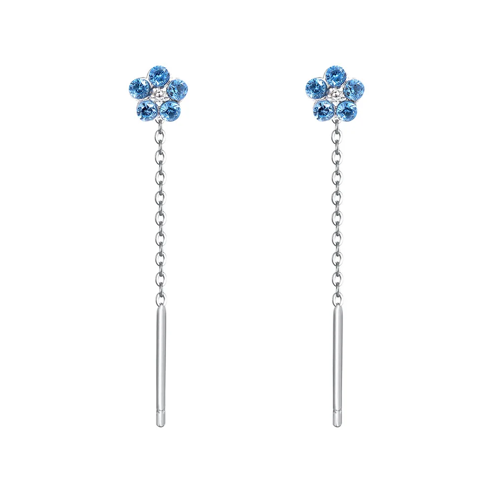 S999 Sterling Silver Blue Zircon Flower Tassel Earrings for Women Long Shiny Sweet Korean Simple Versatile Earrings - Image 6