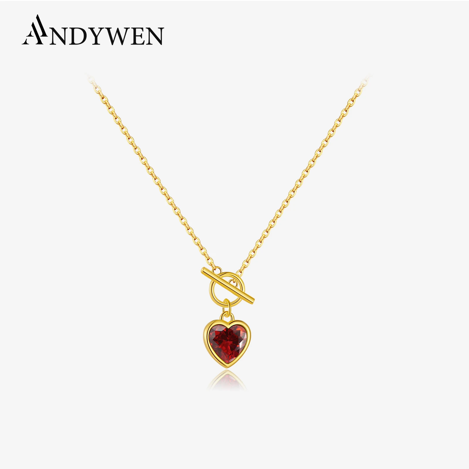 

ANDYWEN 925 Sterling Silver Heart Red Ruby Zircon Pendant Necklace, 2025 Romantic Gift for Valentine's Wedding Anniversary