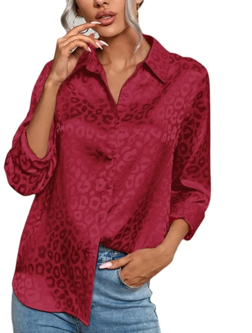 Casual Satin Long Sleeve Blouse Women Elegant Jacquard Blouses Spring Autumn Leopard Print Top Camisas Blusa Shirt Woman Clothes