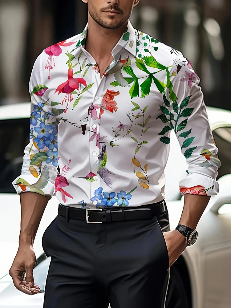 Spring And Autumn Casual Men's Long-sleeved Shirt 3D Flower-print Men's Fashionable Shirt Urban Street Men's Fashionable Top