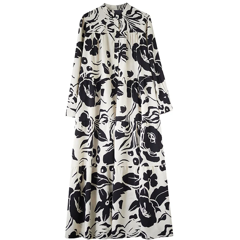 Retro europeu impressão longa sve a linha dr plus size primavera outono faion cintura alta emagrecimento maxi dr roupas femininas