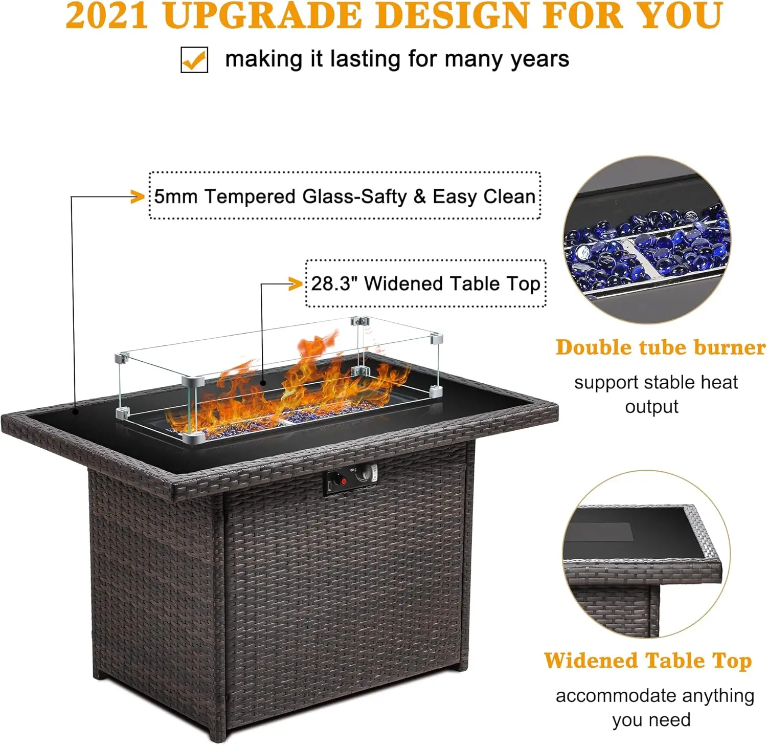 Outdoor Propane Gas Fire Pit Table, 55000 BTU, Rectangular with Glass Wind Guard for Patio, Deck, Garden, Backyard view 4