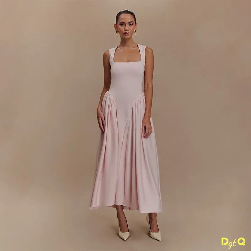 Różowa elegancka sukienka z kwadratowym dekoltem i długim paskiem dla kobiet Elegancka sukienka bez rękawów z wysokim stanem Lady Holiday Dailywear