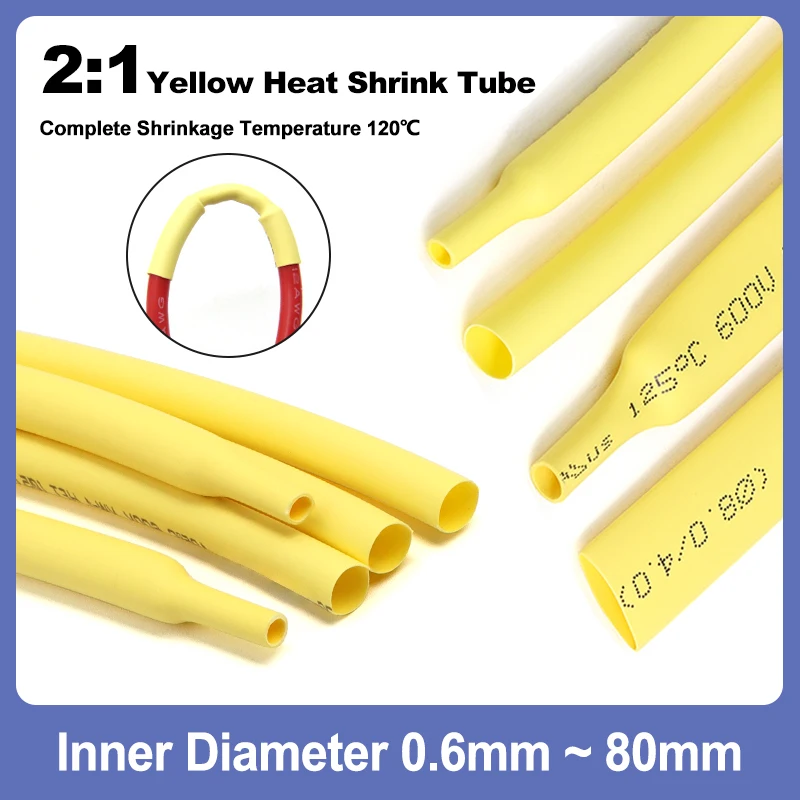 

1/2/5/10m Yellow 2:1 Heat Shrink Tube 0.6 ~ 80mm DIY Cable Repair Polyolefin Protector Shrinkable Tubing Insulation Sleeve Wrap