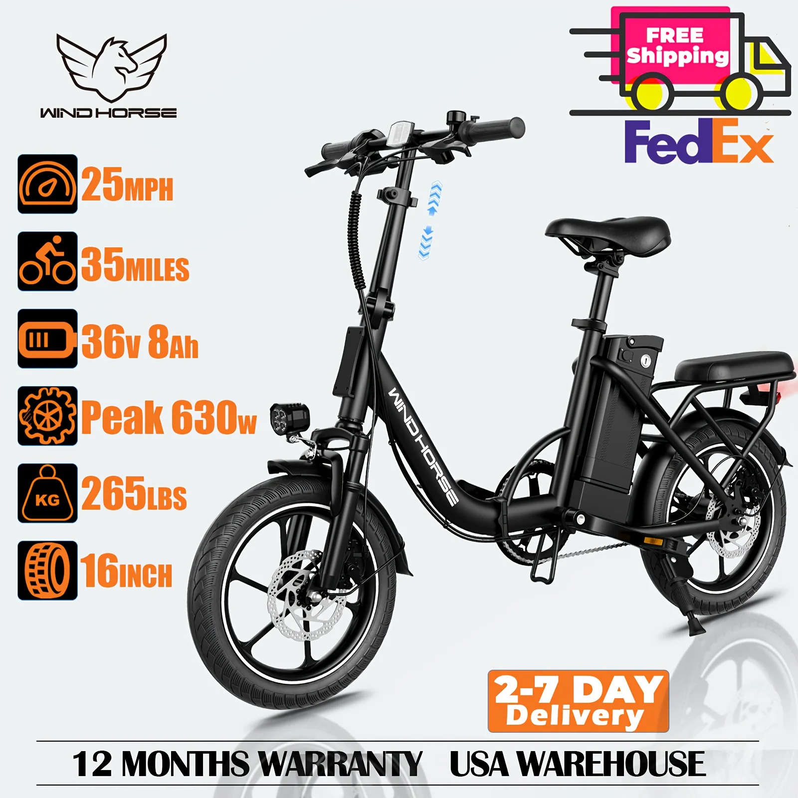 

630W Peak Electric Bicycle, 16-Inch Foldable E-Bike with Two Seats, 25 Mph, Brushless Motor, 35 Miles Range, Compact E-Bike with