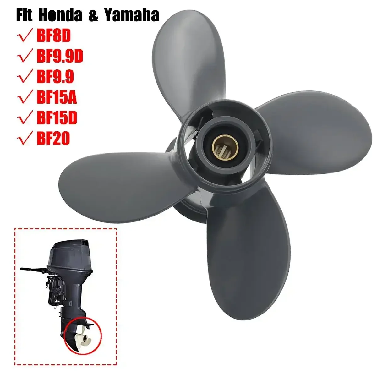 

Boat Outboard Propeller 4 Blade 9 1/4X10 Fit for Honda and Yamaha BF8D BF9.9D BF9.9 BF15A BF15D BF20 Marine Propeller Aluminum