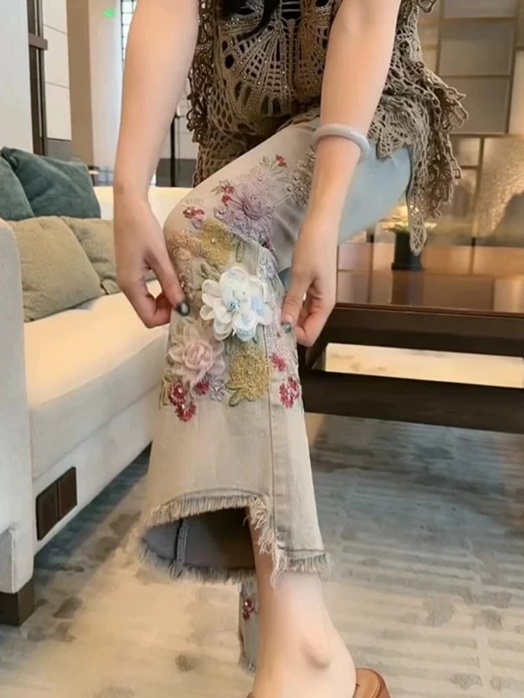 Jeans Blue Intricate Heavy Embroidery Flower High Waist Slimming Spring Summer Fashionable Versatile Raw Hem Trousers